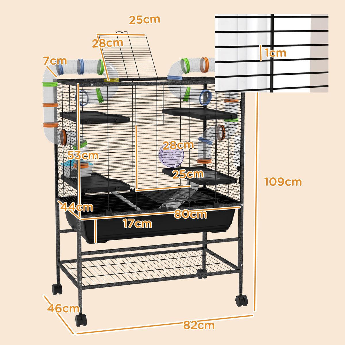 Gaiola para hamster com tubos, roda, casinha, bebedouro, 109 x 82 x 46 cm, Preto — foto 2