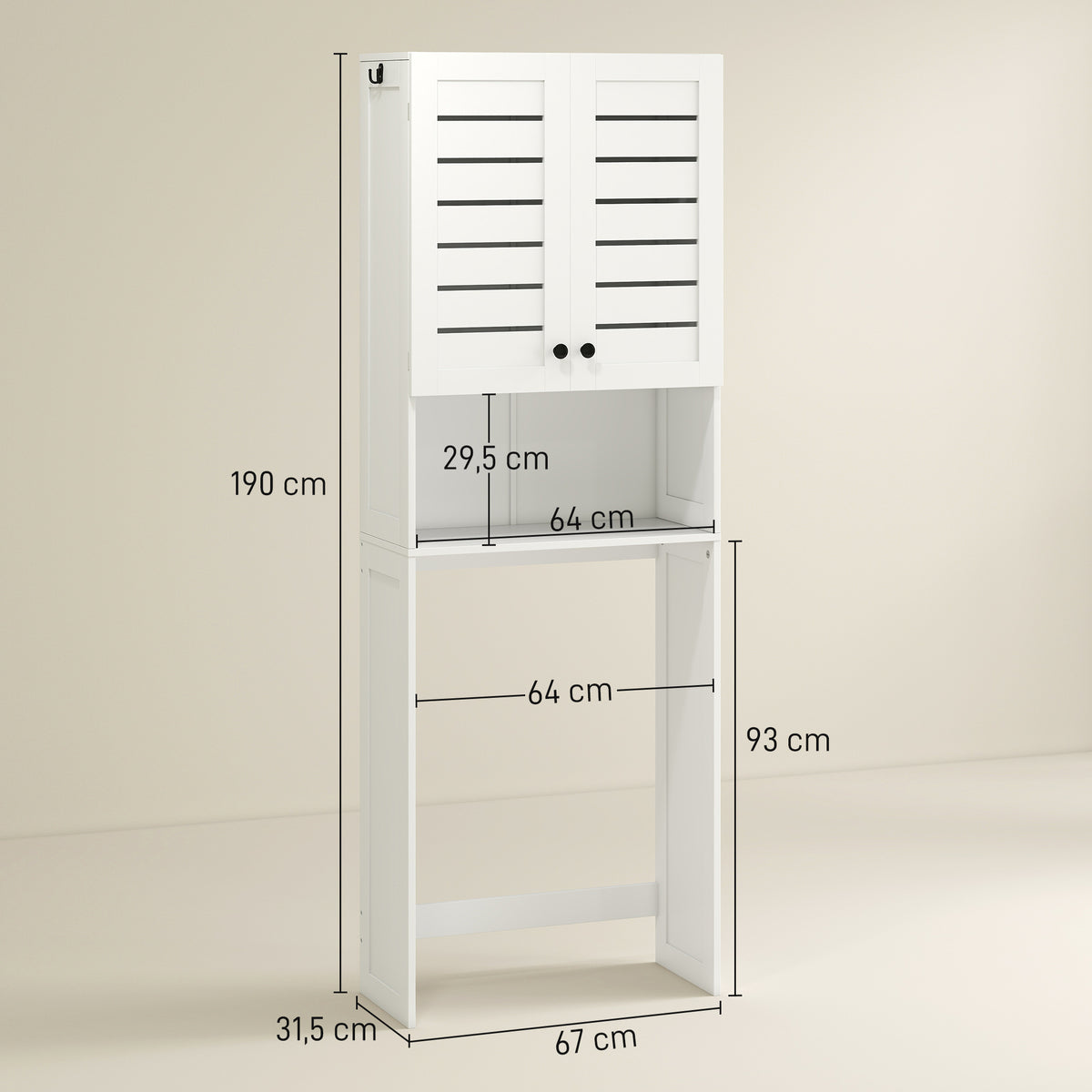 Armário Sobre Sanita 67x31,5x190 cm 3 Prateleiras Portas com Lamelas Branco — foto 2