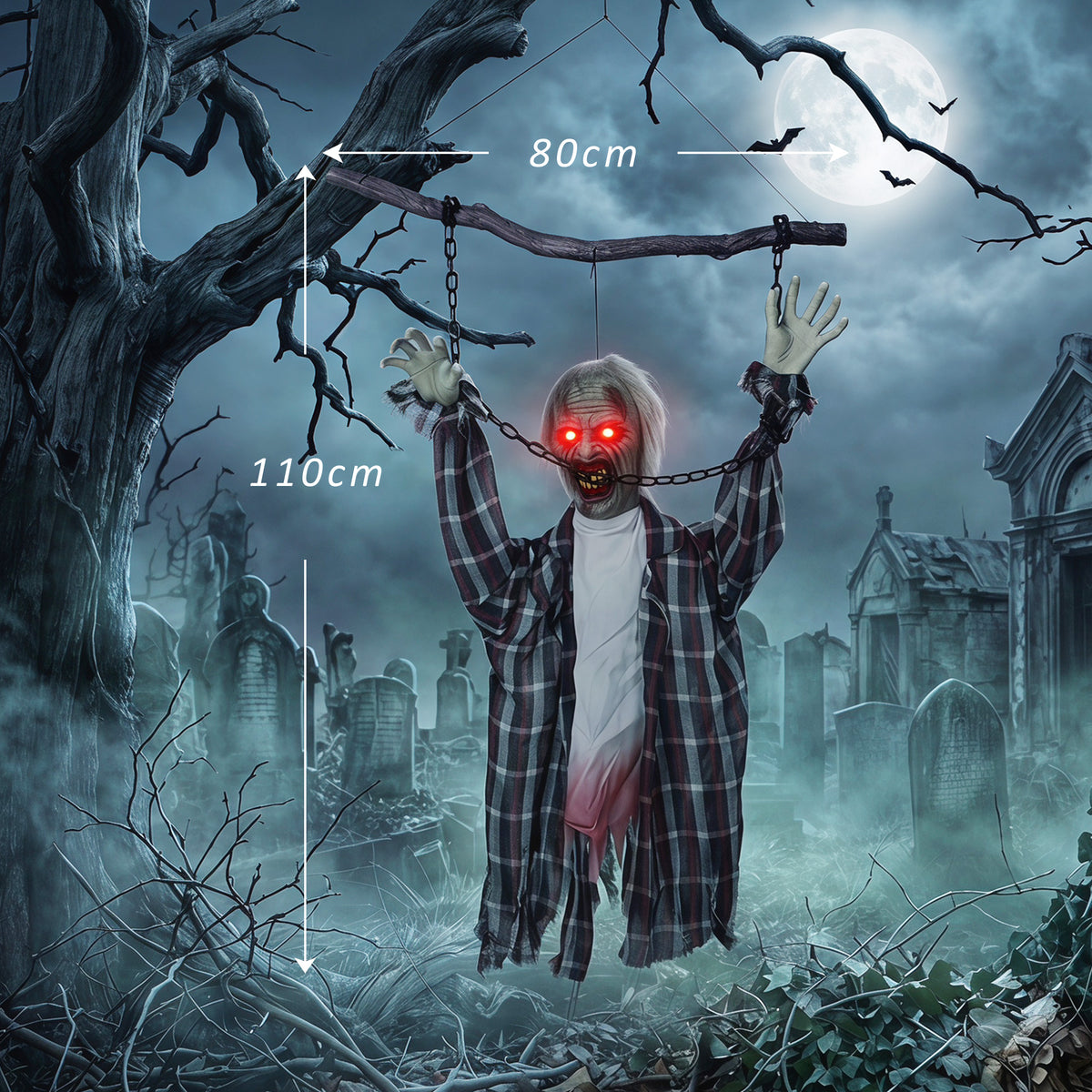 Decoração de Halloween Suspensa Animada 110 cm Zumbi Gritante Ativação por Som e Toque Olhos LED Vermelhos — foto 2