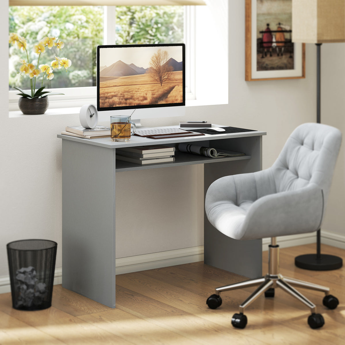 Mesa de Computador Sóbria e Compacta com 1 Prateleira Painéis de Partículas 90x50x74 cm Cinza — imagem 3