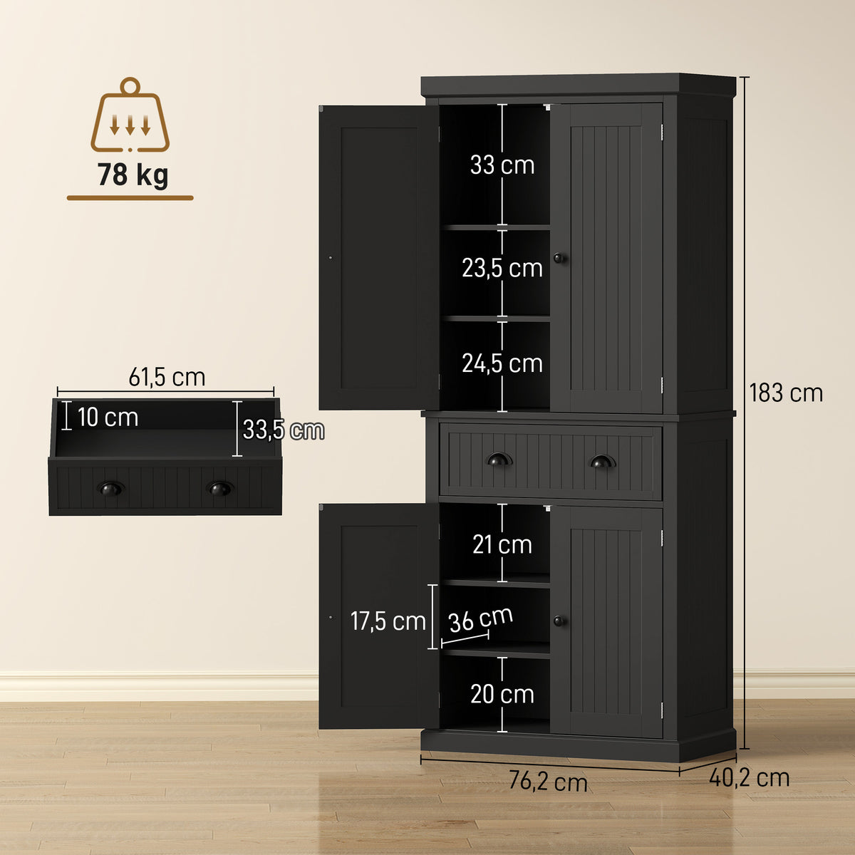 Aparador Alto de Cozinha Armário de Cozinha com 4 Portas Gaveta e Prateleiras Reguláveis 76,2x40,2x183 cm Preto — foto 2