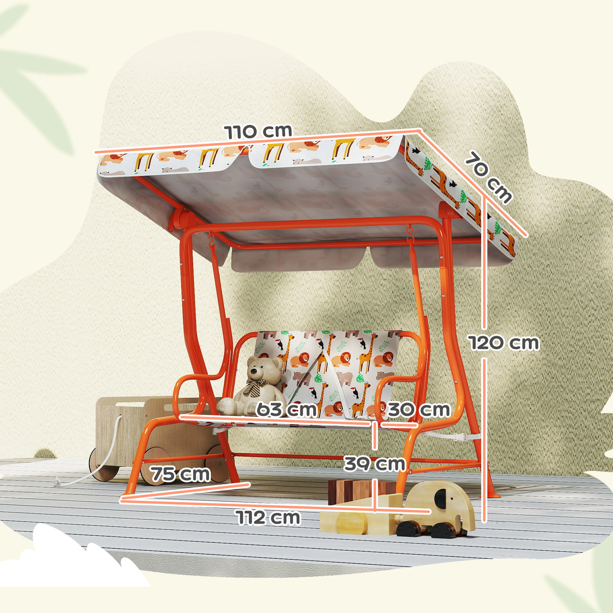 Baloiço Infantil Exterior 2 Lugares com Toldo Ajustável e Cintos de Segurança Baloiço para Jardim e Interior em Aço e Oxford Máx 60kg 112x75x120 cm Laranja — foto 2