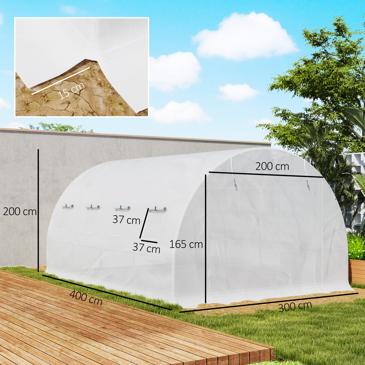 Cobertura de Substituição Estufa Túnel 12 m² 4x3x2 m Pe Anti-UV Impermeável 8 Janelas+Porta Enrolável com Fecho Branco — foto 2