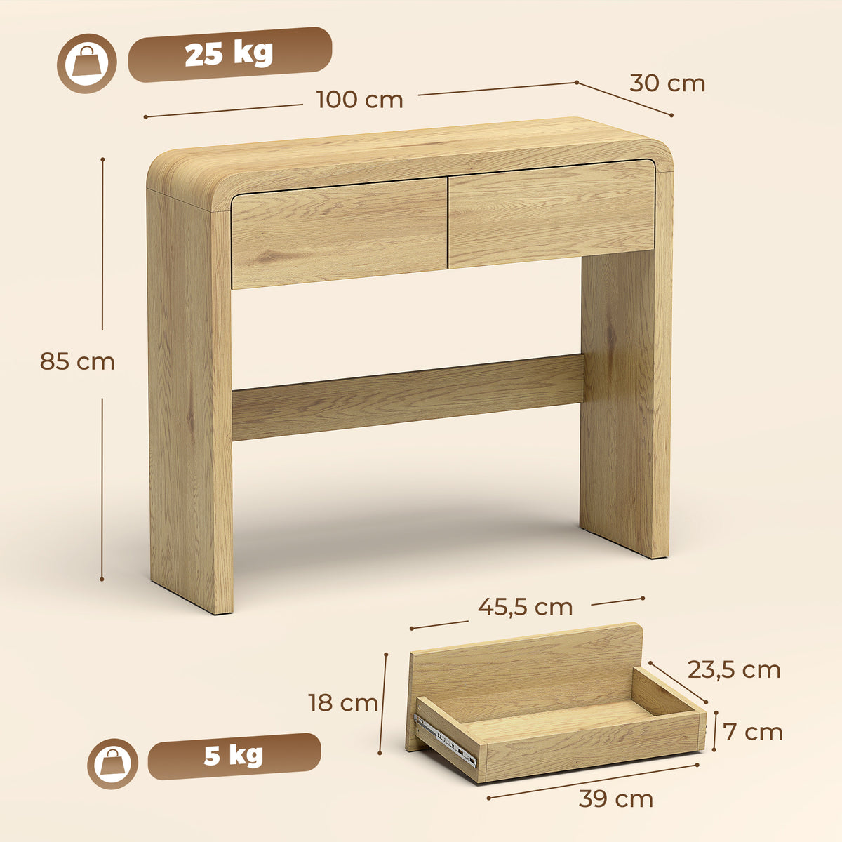 Mesa Consola com 2 Gavetas Móvel Consola 100x30x85 cm Cantos Arredondados e Tampo Espesso Madeira Natural — foto 2