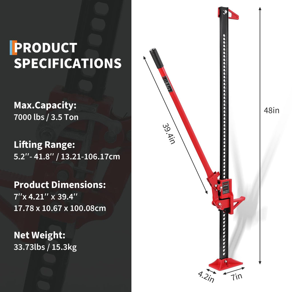 Macaco mecânico de elevação alta com base larga e aderência antiderrapante para resgate de tratores ou SUV, 3175 kg, vermelho, 121,9 cm com base — foto 2