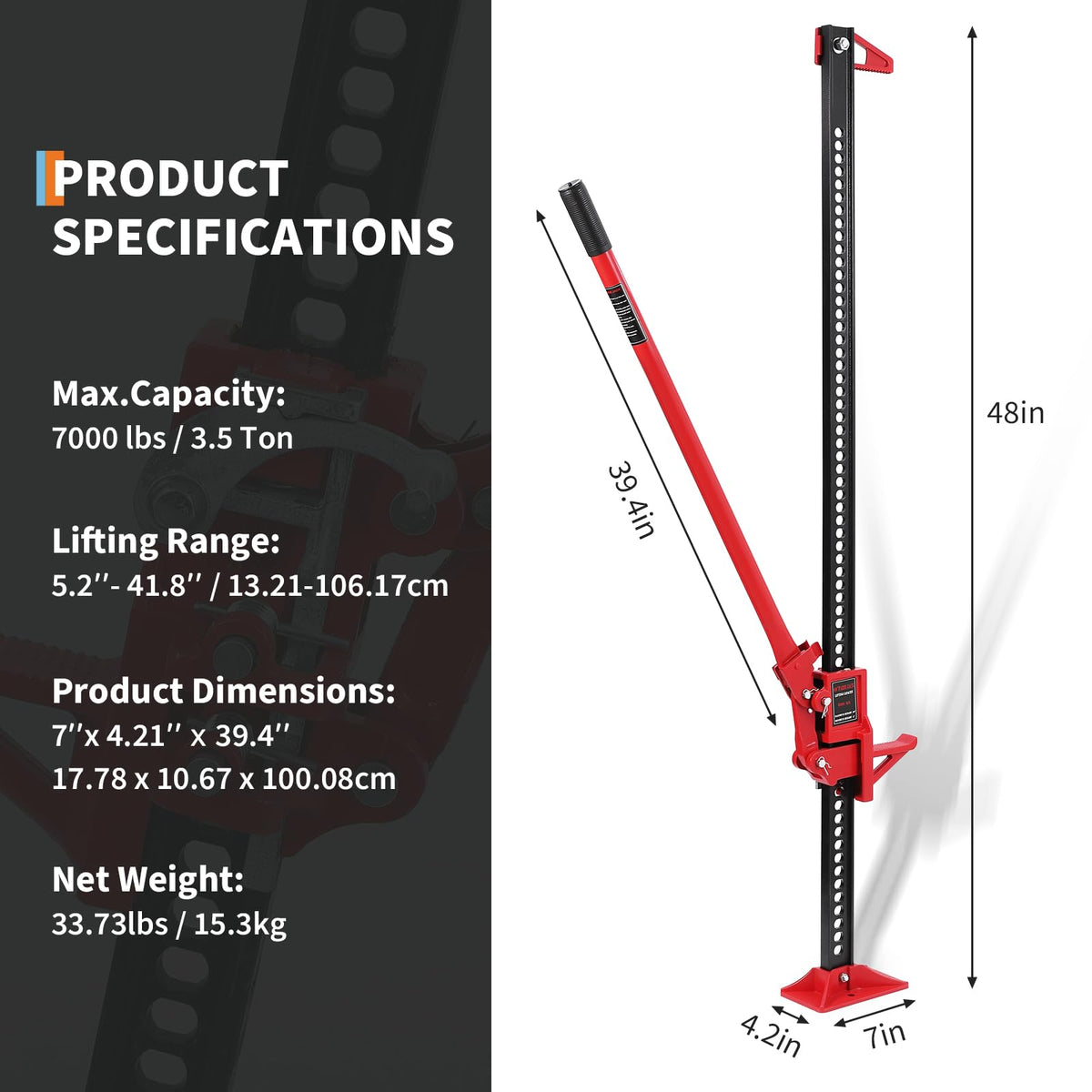 Macaco mecânico de elevação alta com base larga e aderência antiderrapante para resgate de tratores ou SUV, 3175 kg, vermelho, 121,9 cm com base — foto 2