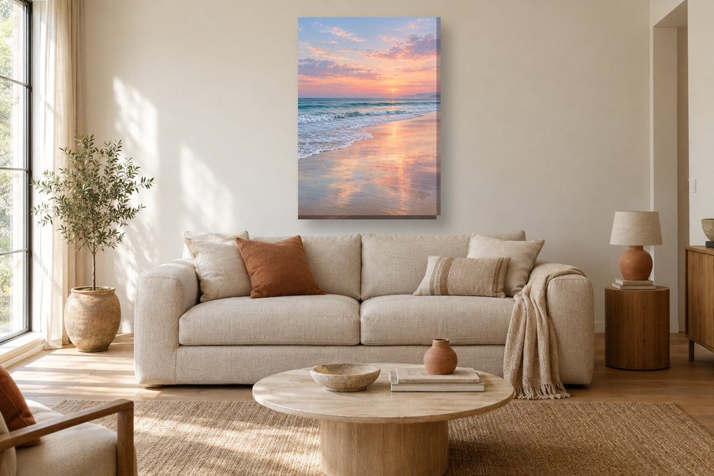 Quadro de mar e costa «Areia molhada» em tela vertical — mar-04_ver_70x100_sala