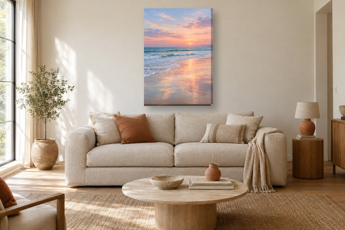 Quadro de mar e costa «Areia molhada» em tela vertical — mar-04_ver_70x100_sala