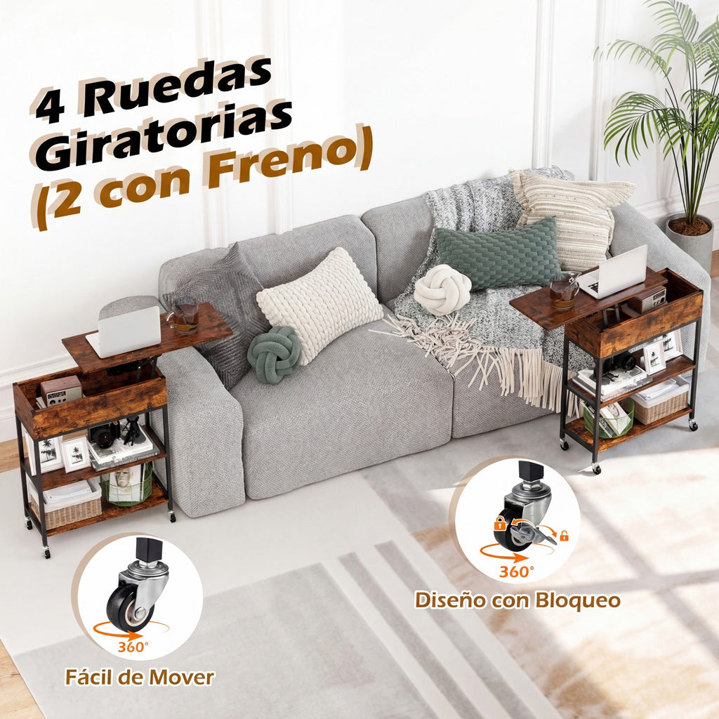 Mesa Auxiliar com Tapa Elevável e Estação de Carga | Móvel com Rodas Castanho — foto 6