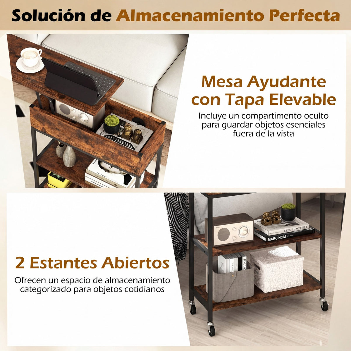 Mesa Auxiliar com Tapa Elevável e Estação de Carga | Móvel com Rodas Castanho — foto 7