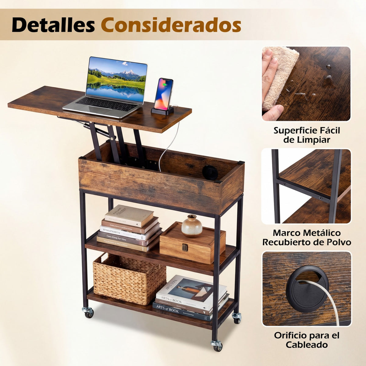 Mesa Auxiliar com Tapa Elevável e Estação de Carga | Móvel com Rodas Castanho — foto 8