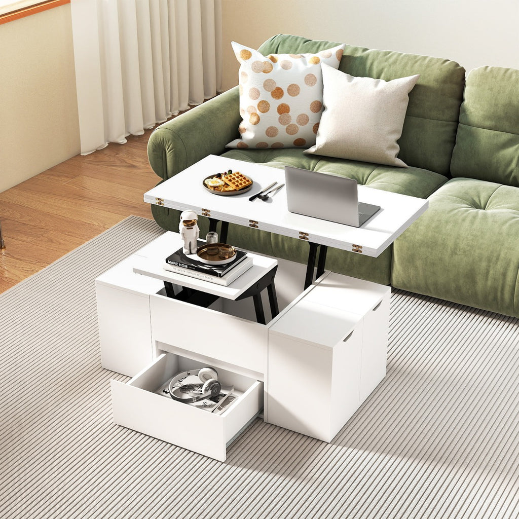 Mesa Centro Elevável 3 em 1 com 4 Taburetes e Compartimento Oculto | Branca — foto 1