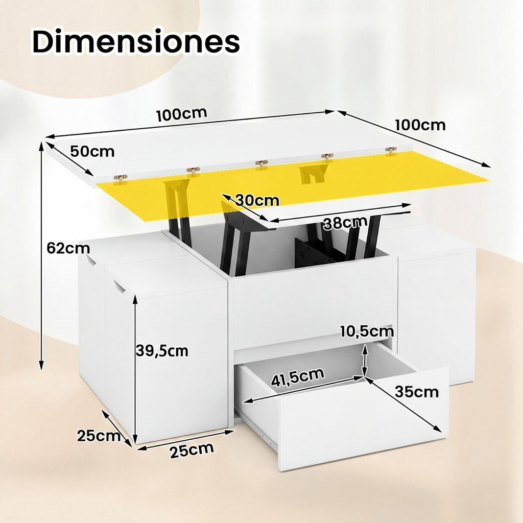 Mesa Centro Elevável 3 em 1 com 4 Taburetes e Compartimento Oculto | Branca — foto 3