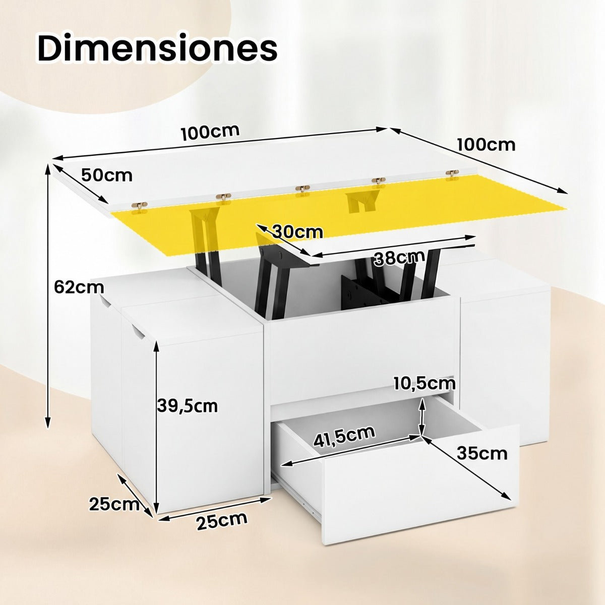 Mesa Centro Elevável 3 em 1 com 4 Taburetes e Compartimento Oculto | Branca — foto 3