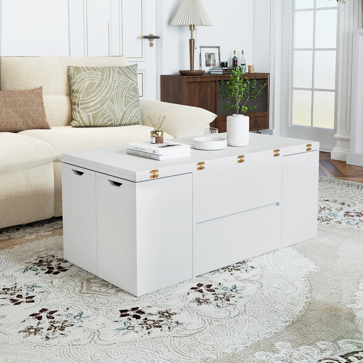 Mesa Centro Elevável 3 em 1 com 4 Taburetes e Compartimento Oculto | Branca — foto 4