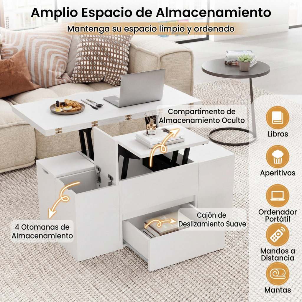 Mesa Centro Elevável 3 em 1 com 4 Taburetes e Compartimento Oculto | Branca — foto 6