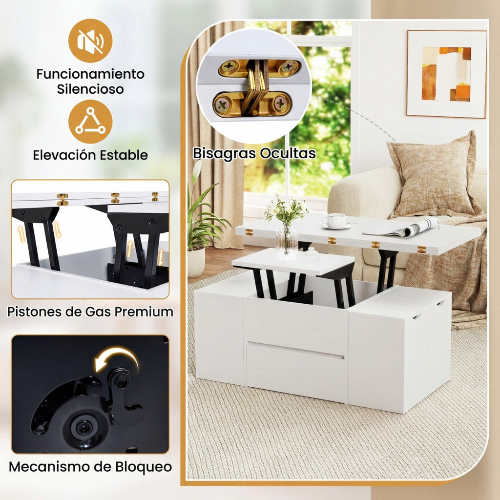 Mesa Centro Elevável 3 em 1 com 4 Taburetes e Compartimento Oculto | Branca — foto 8