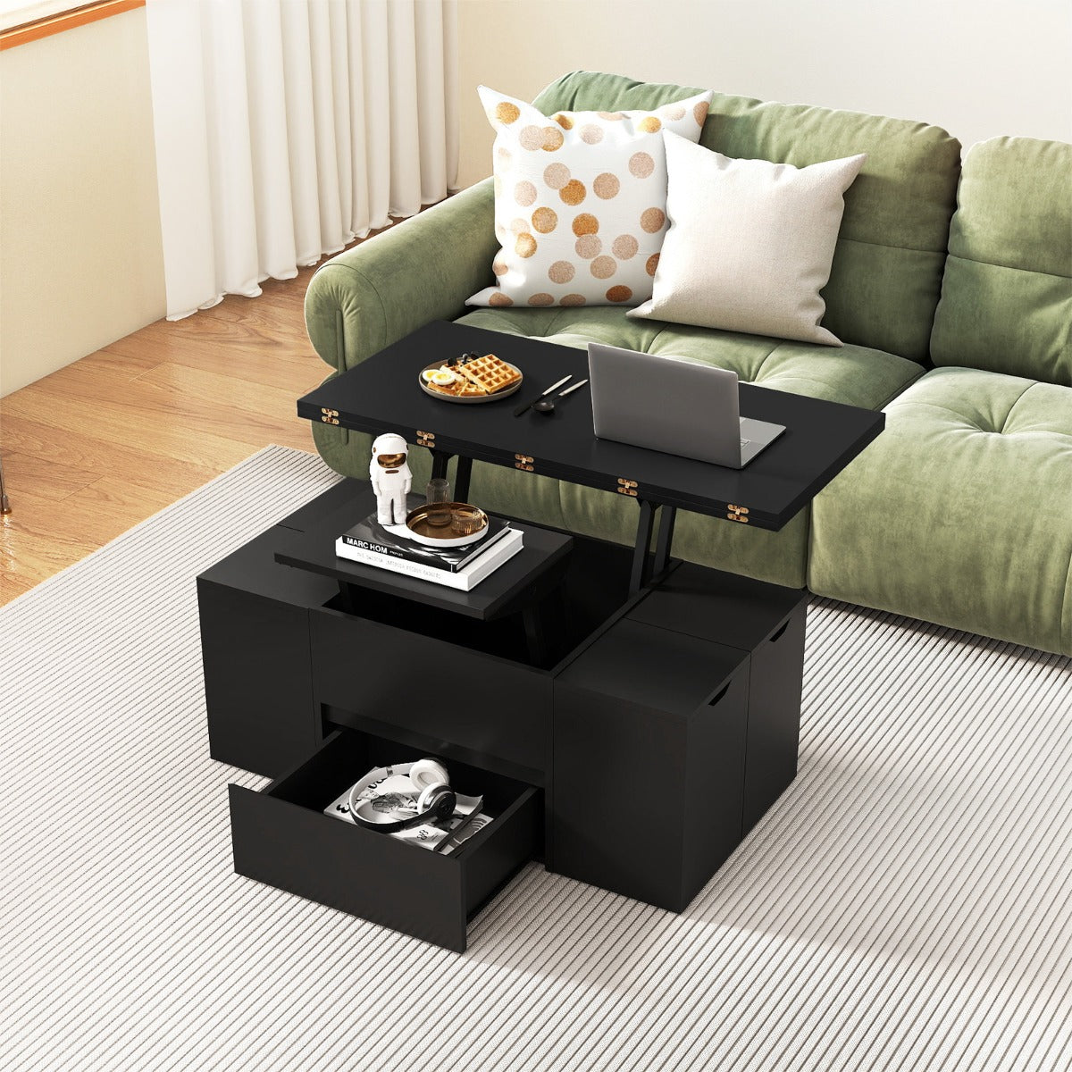 Mesa Centro Elevável 3 em 1 com 4 Taburetes Extensível e Compartimento Oculto — foto 1
