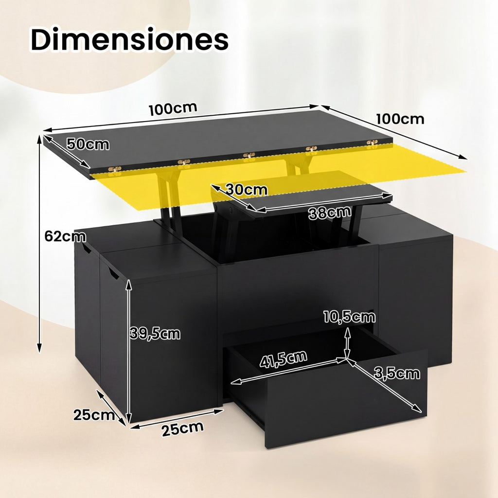 Mesa Centro Elevável 3 em 1 com 4 Taburetes Extensível e Compartimento Oculto — foto 3
