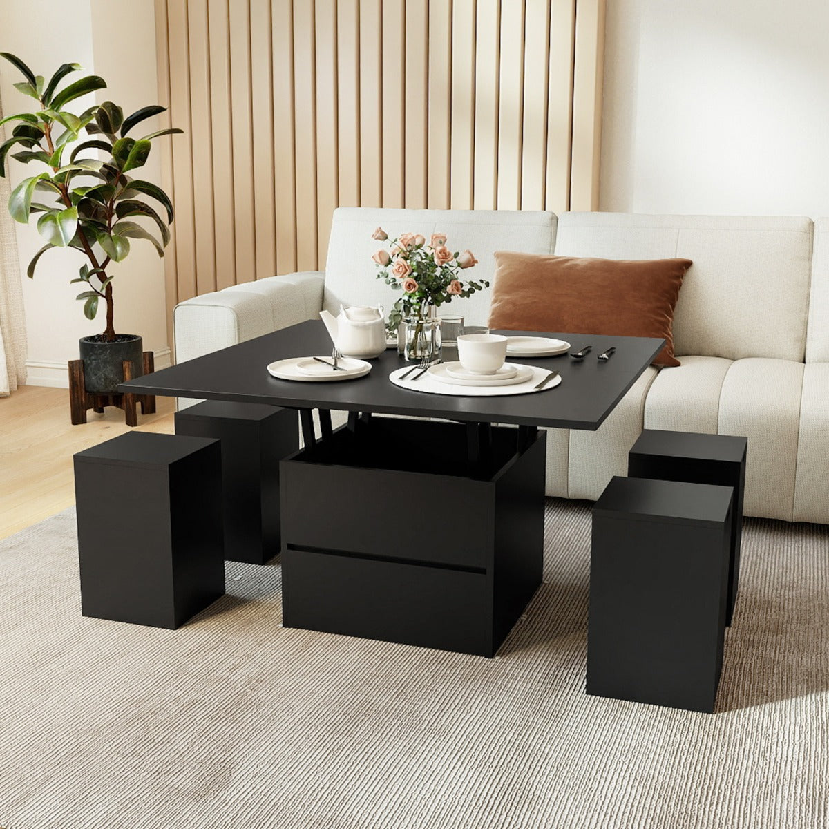 Mesa Centro Elevável 3 em 1 com 4 Taburetes Extensível e Compartimento Oculto — foto 5