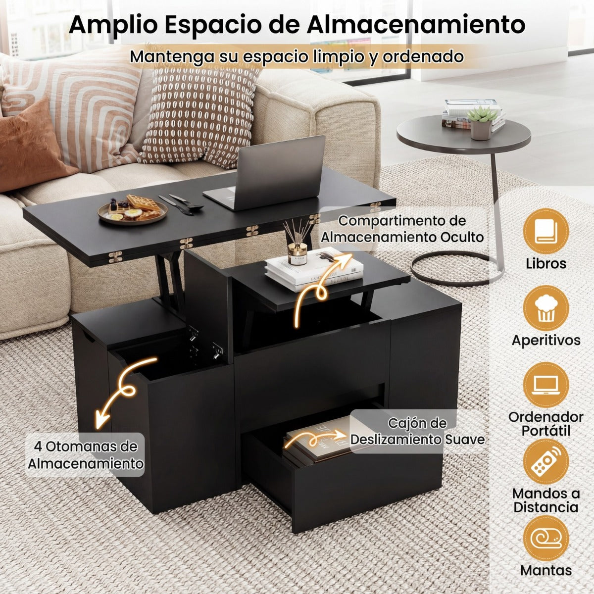 Mesa Centro Elevável 3 em 1 com 4 Taburetes Extensível e Compartimento Oculto — foto 6
