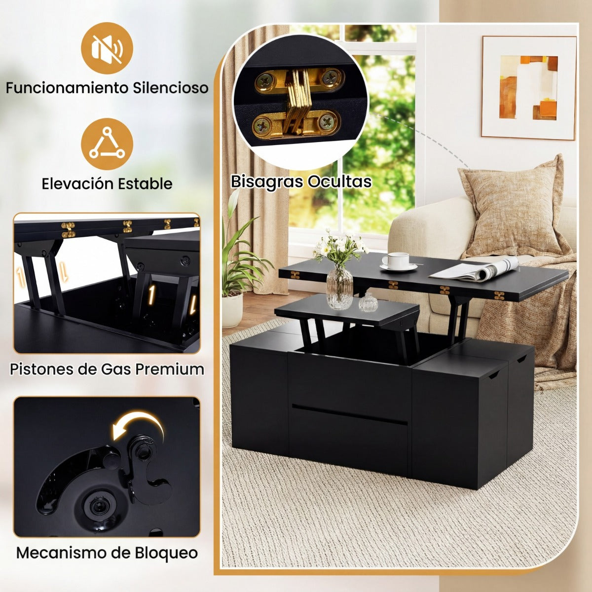 Mesa Centro Elevável 3 em 1 com 4 Taburetes Extensível e Compartimento Oculto — foto 8