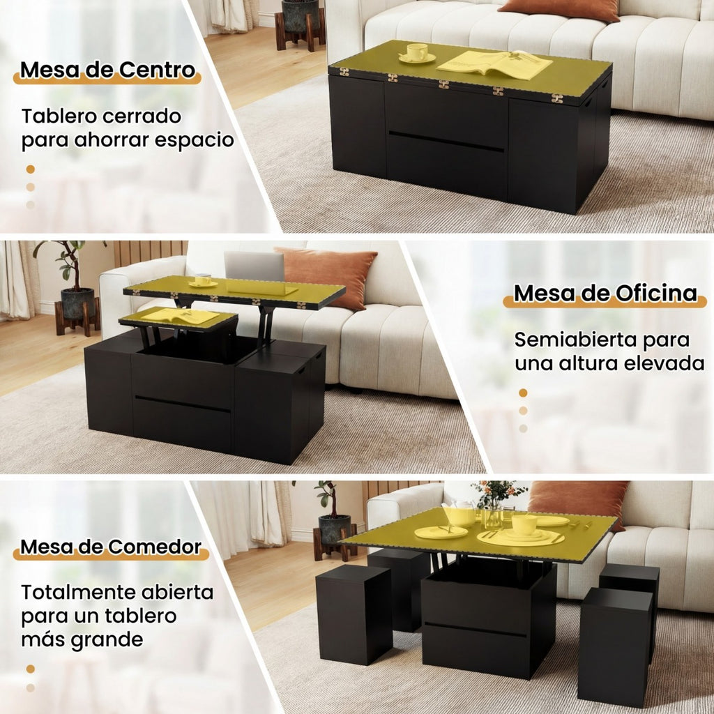 Mesa Centro Elevável 3 em 1 com 4 Taburetes Extensível e Compartimento Oculto — foto 9