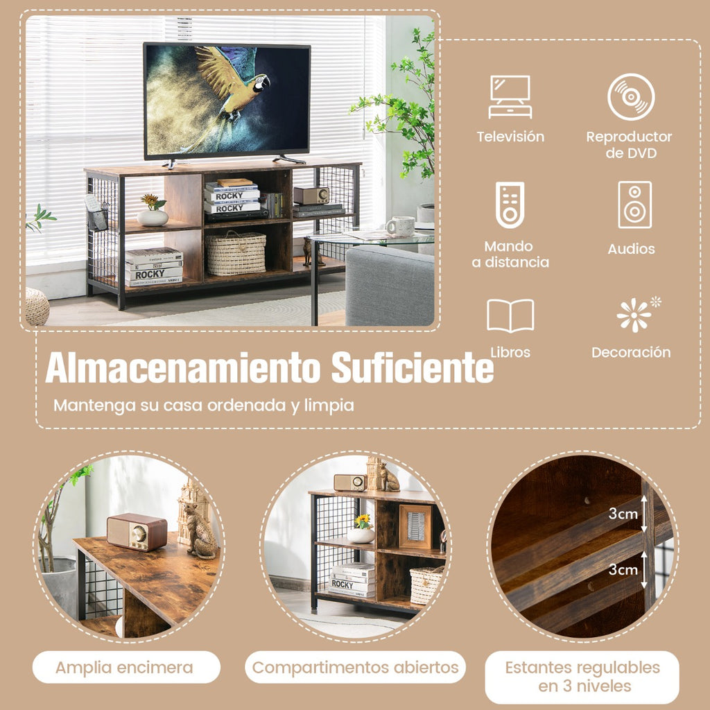 Mesa Consola para TV até 65 polegadas com 3 níveis e cesta de arrumação castanha rústica — foto 5