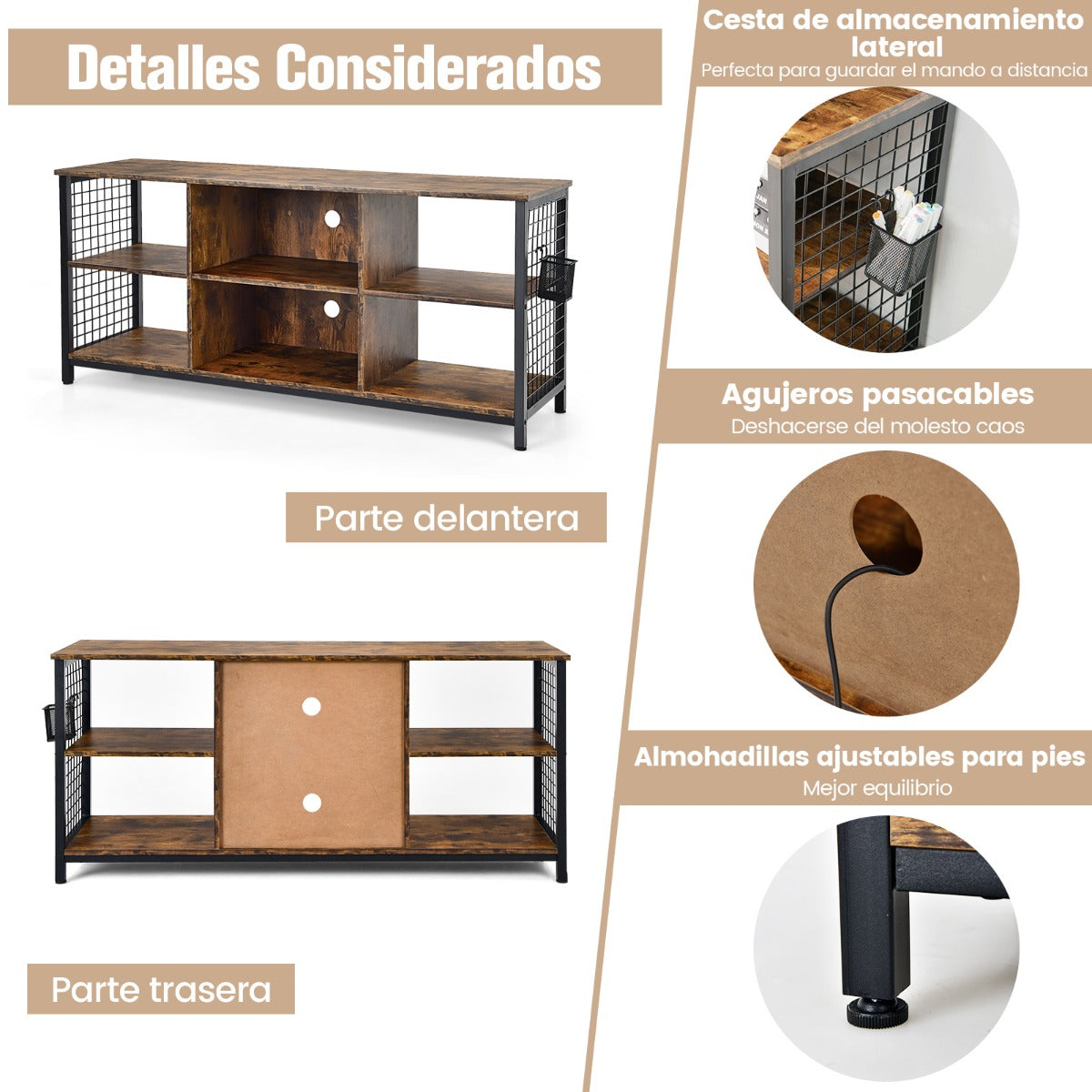 Mesa Consola para TV até 65 polegadas com 3 níveis e cesta de arrumação castanha rústica — foto 7