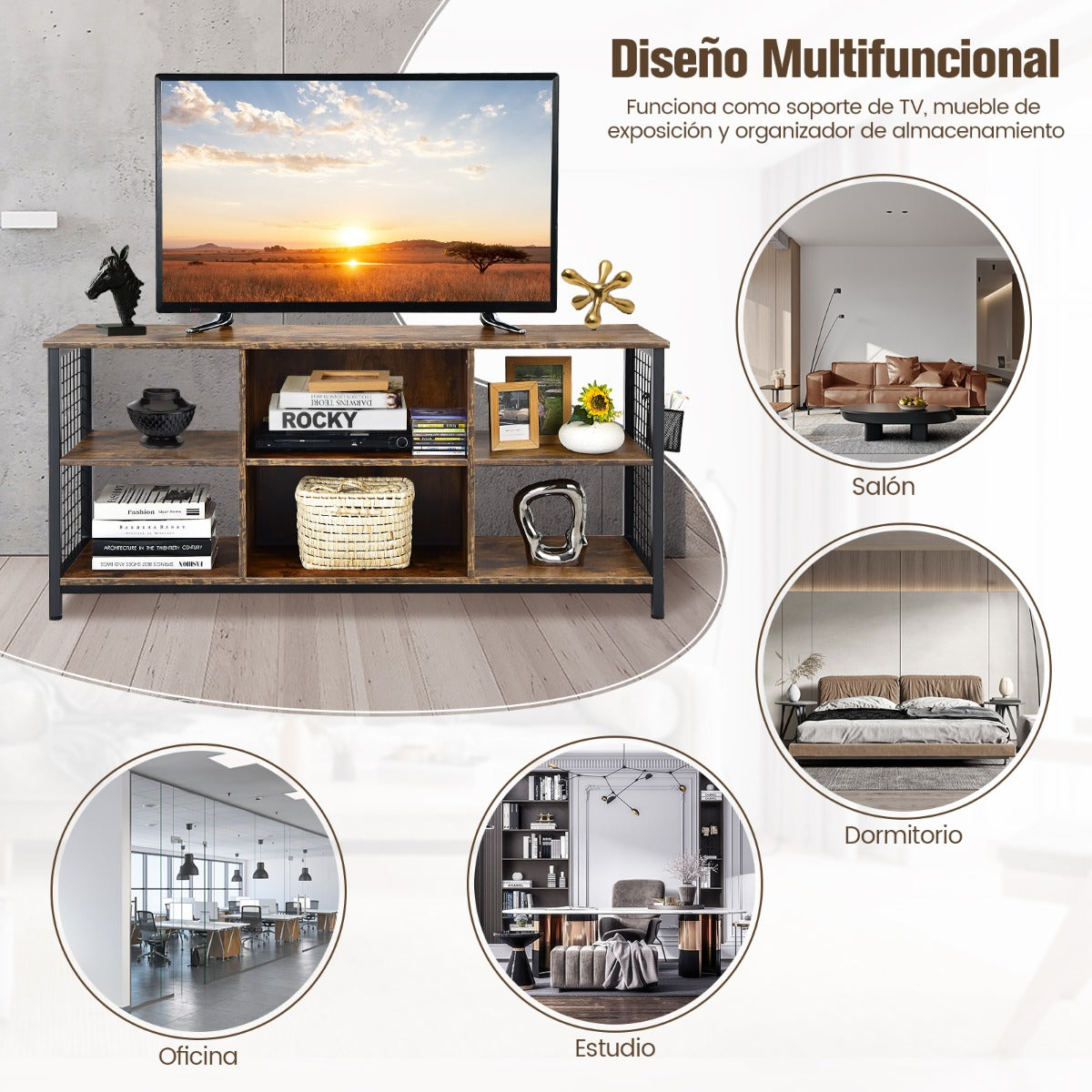 Mesa Consola para TV até 65 polegadas com 3 níveis e cesta de arrumação castanha rústica — foto 8