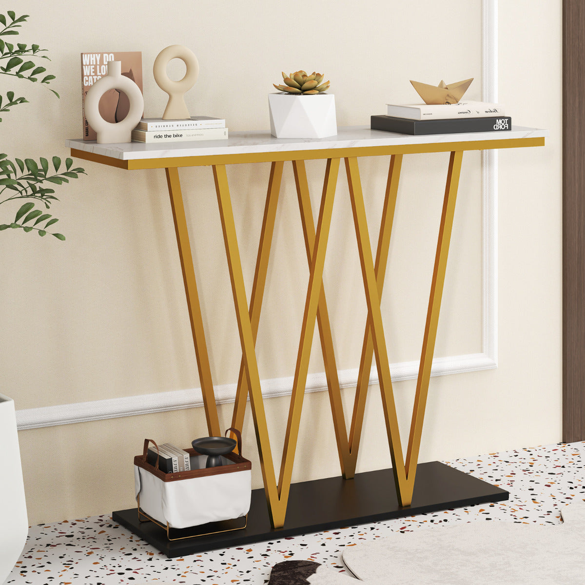 Mesa Console Dourada 100cm com Tampo Mármore Artificial e Estrutura Metálica - Branco — foto 1