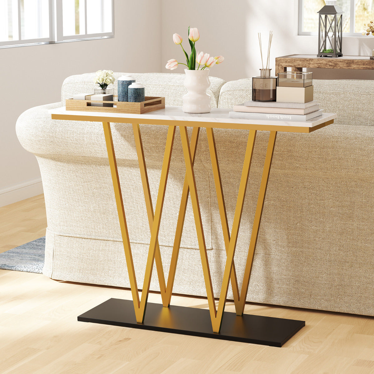 Mesa Console Dourada 100cm com Tampo Mármore Artificial e Estrutura Metálica - Branco — foto 4