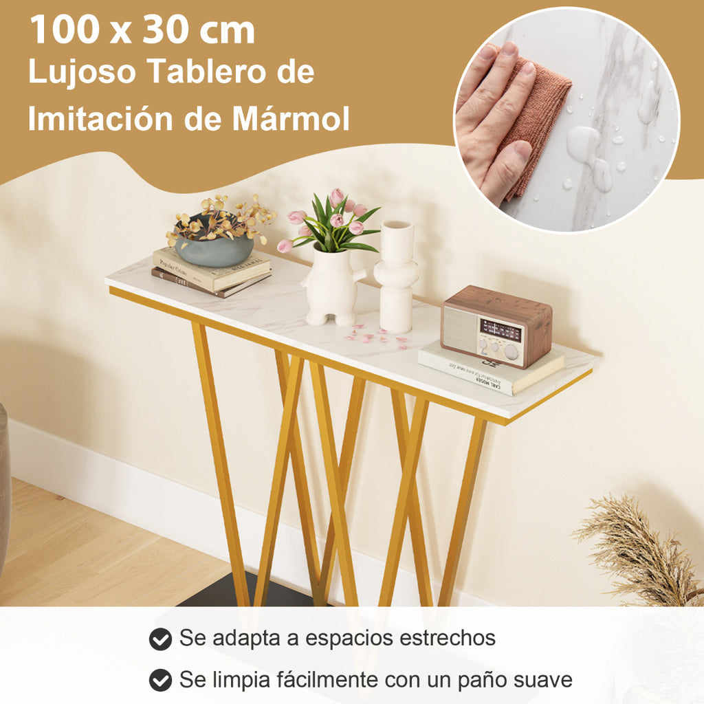Mesa Console Dourada 100cm com Tampo Mármore Artificial e Estrutura Metálica - Branco — foto 5