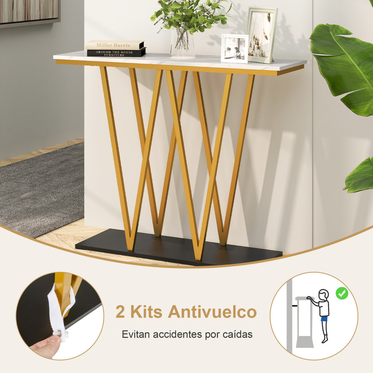 Mesa Console Dourada 100cm com Tampo Mármore Artificial e Estrutura Metálica - Branco — foto 7