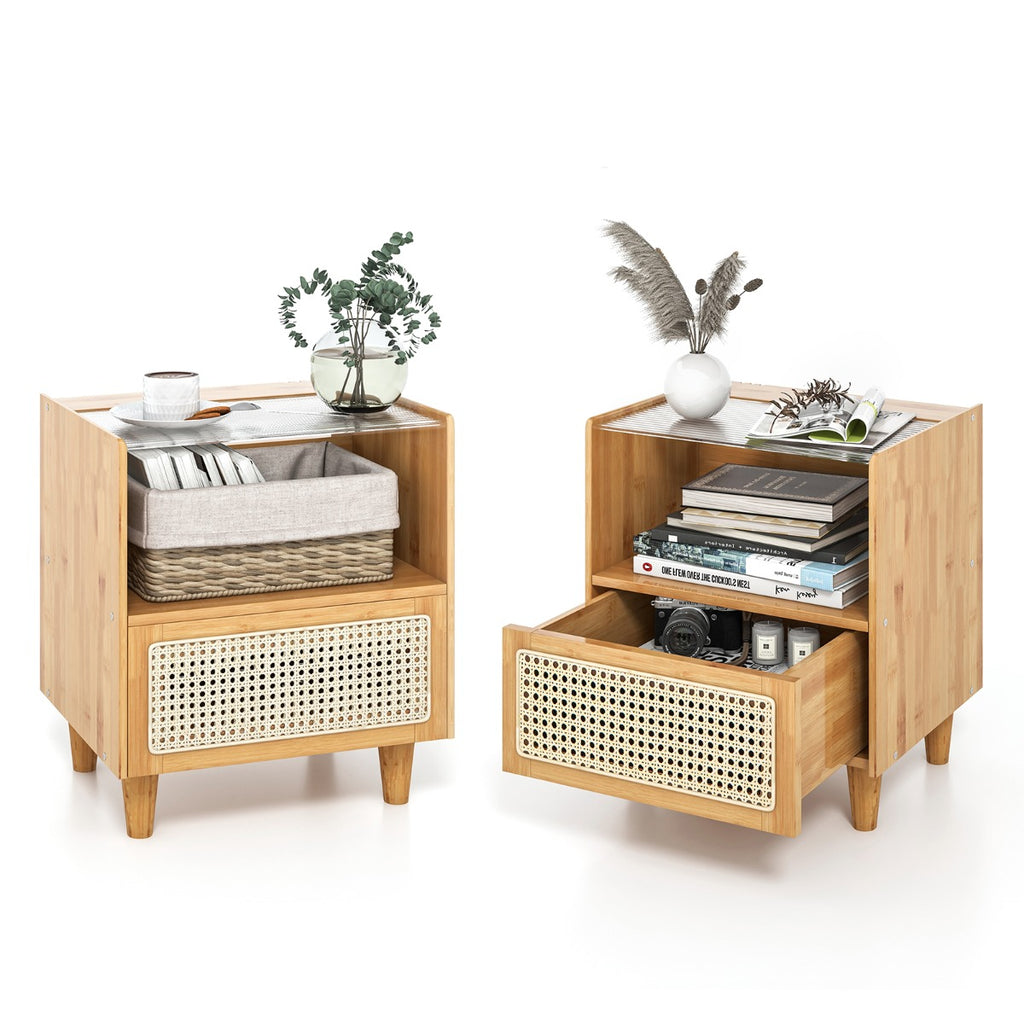 Mesa de Cabeceira de Bambu e Rattan com Gaveta e Pés de Madeira Maciça 43x35x50cm — foto 2