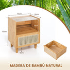Mesa de Cabeceira de Bambu e Rattan com Gaveta e Pés de Madeira Maciça 43x35x50cm — foto 3