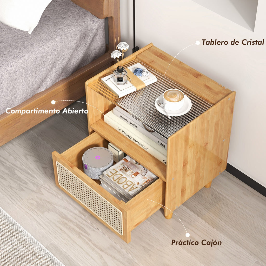 Mesa de Cabeceira de Bambu e Rattan com Gaveta e Pés de Madeira Maciça 43x35x50cm — foto 9