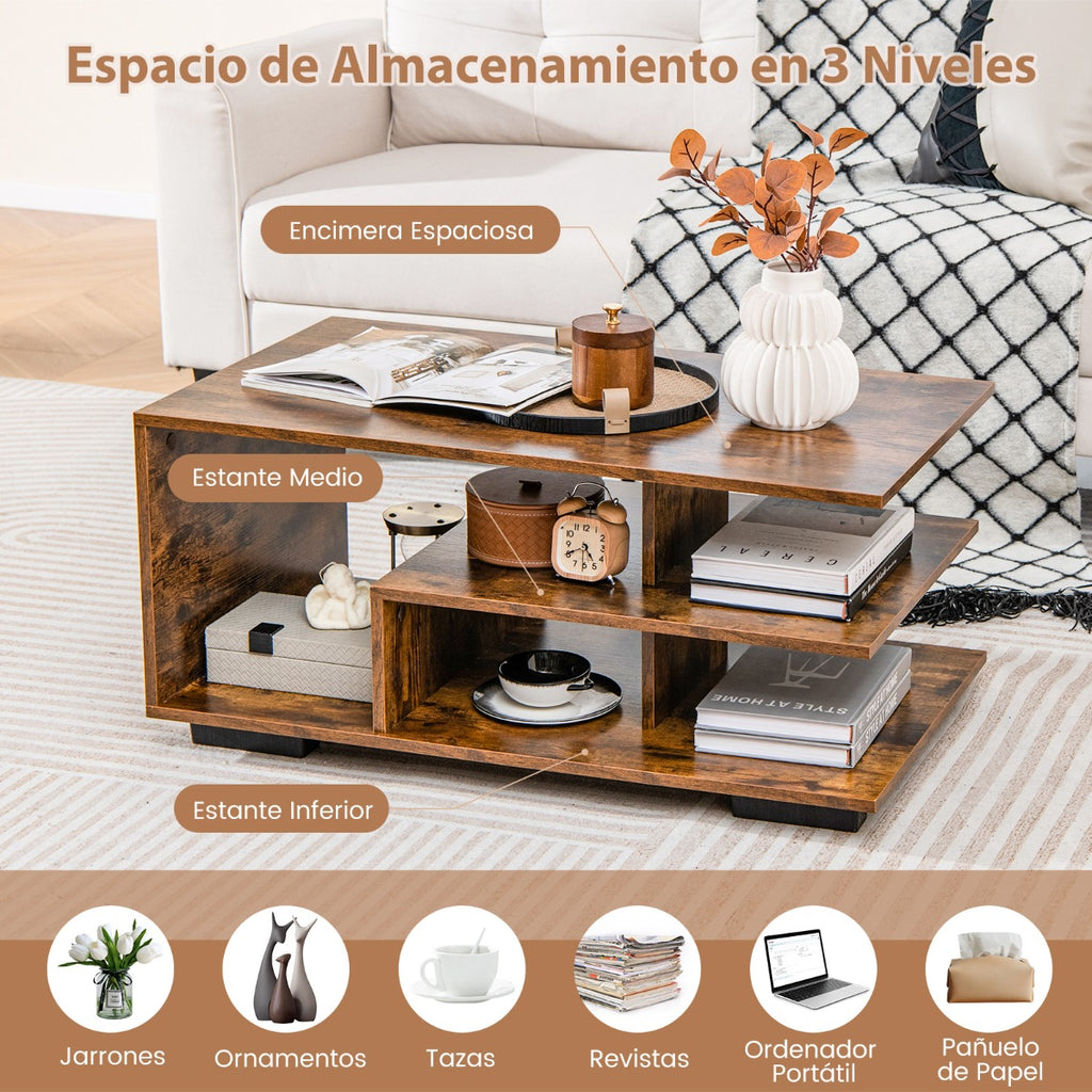 Mesa de Café com Armazenação Rectangular Moderna 3 Níveis Geométrica — foto 6