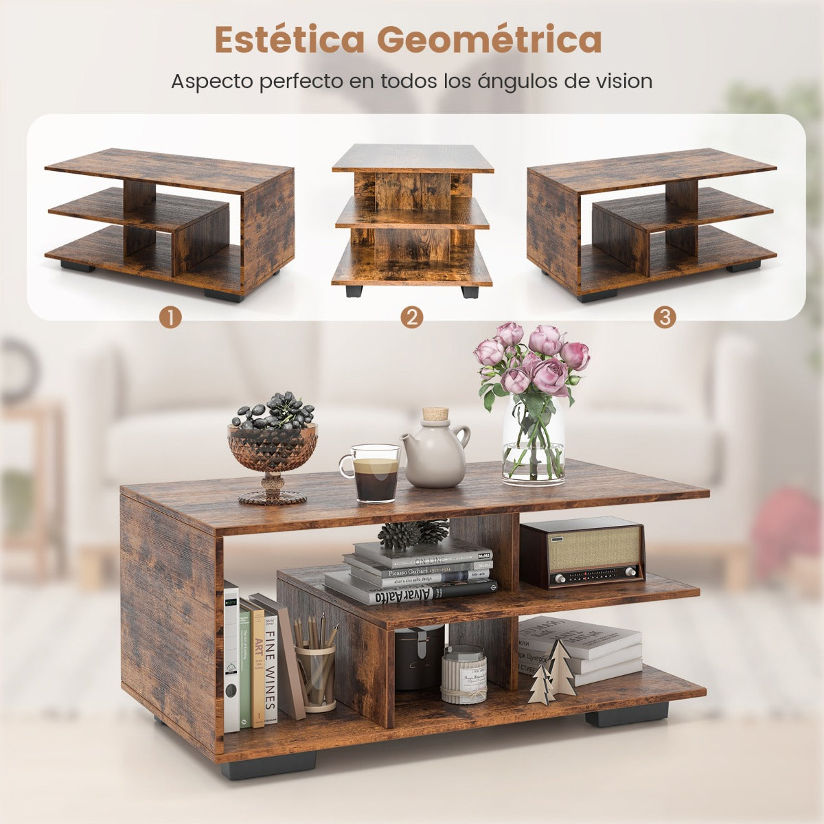 Mesa de Café com Armazenação Rectangular Moderna 3 Níveis Geométrica — foto 8