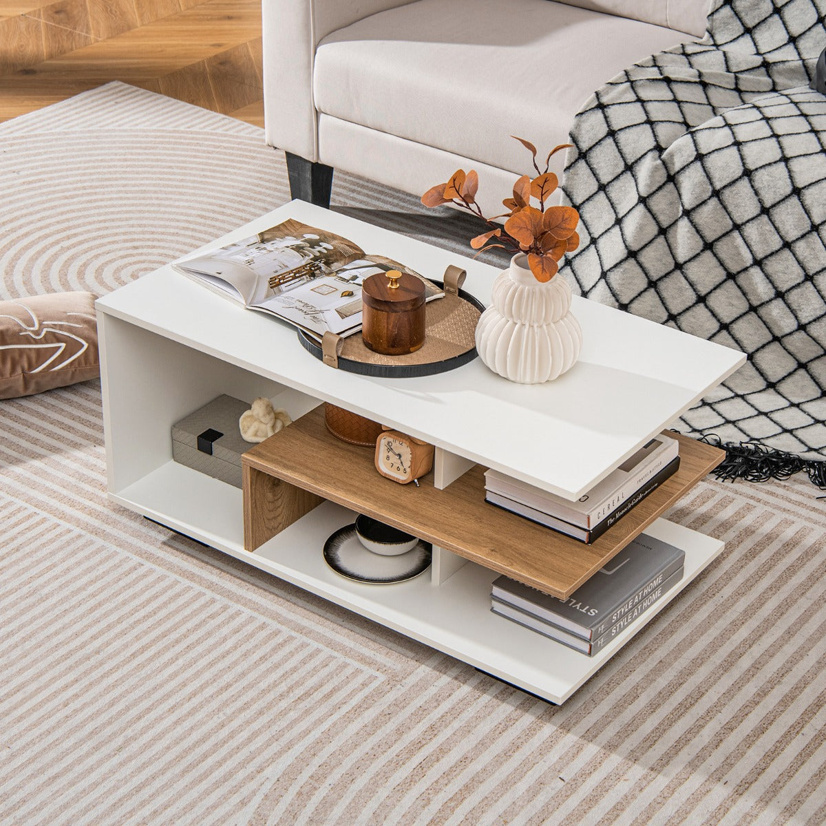 Mesa de Café com Armazenamento Retangular 3 Níveis Geométrica Moderna — foto 5