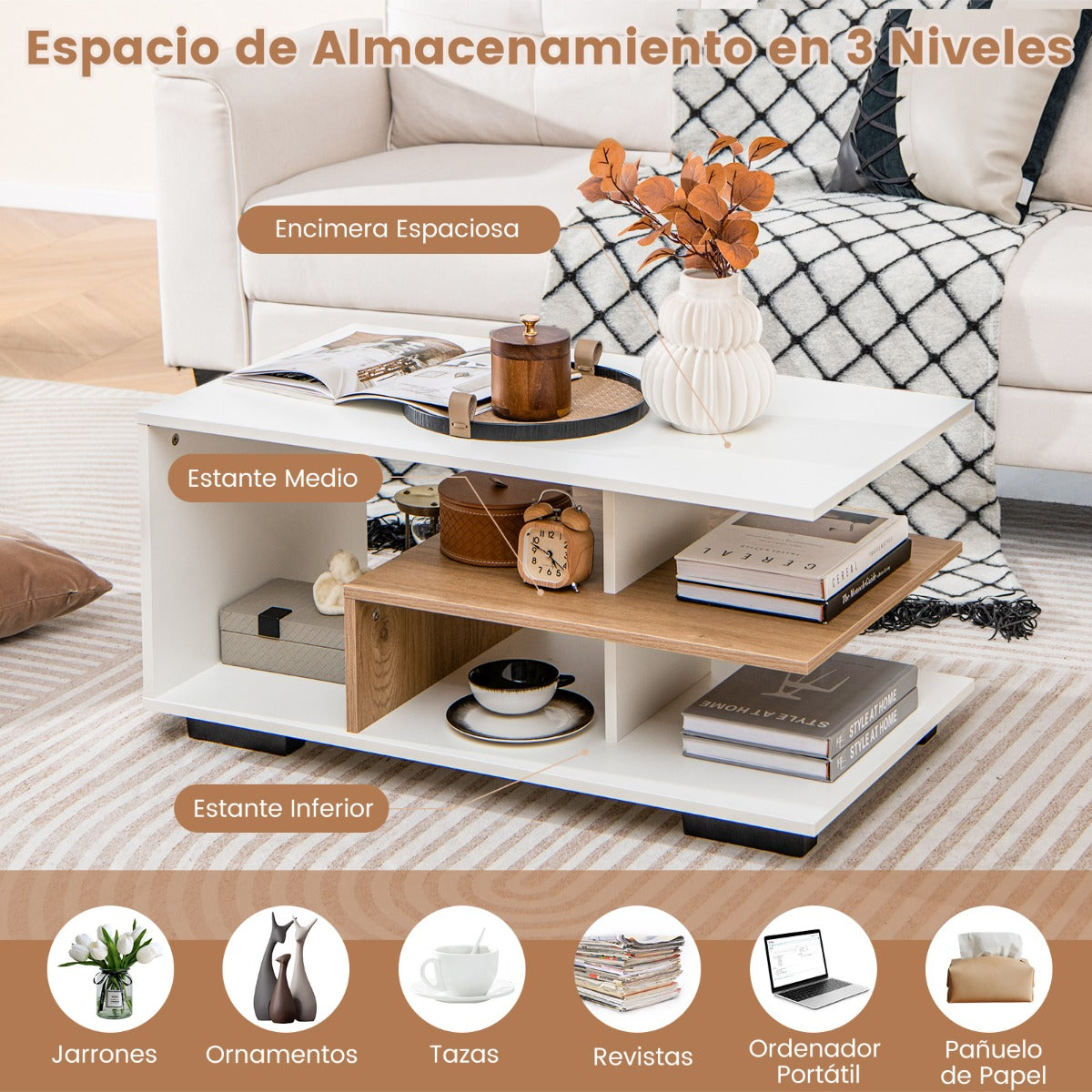 Mesa de Café com Armazenamento Retangular 3 Níveis Geométrica Moderna — foto 6