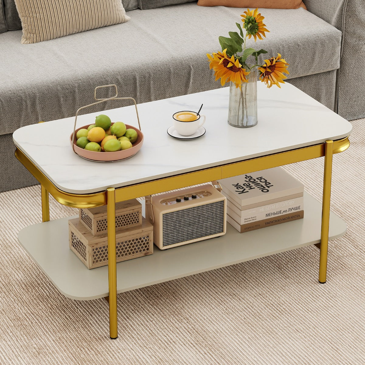 Mesa de Café Moderna Rectangular 2 Níveis Tampo Sinterizado Estrutura Metálica Branco — foto 1