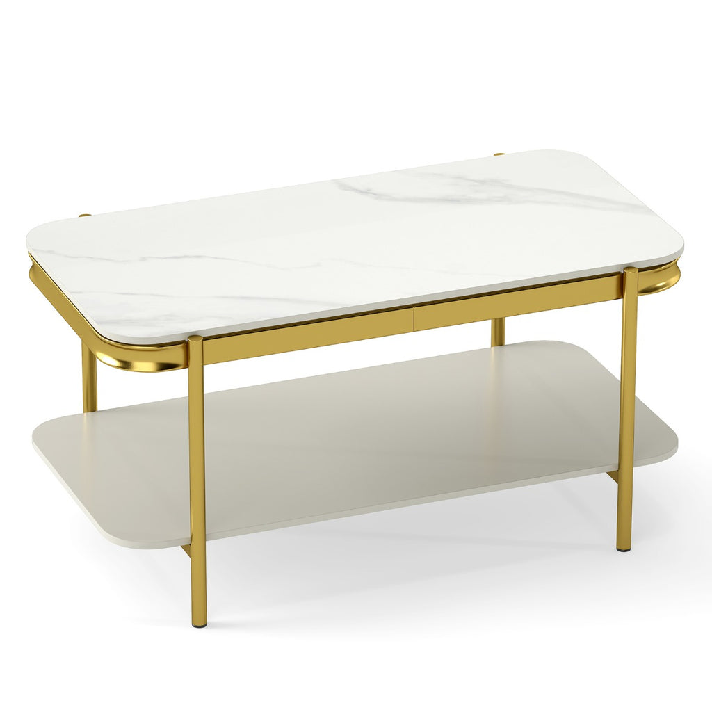 Mesa de Café Moderna Rectangular 2 Níveis Tampo Sinterizado Estrutura Metálica Branco — foto 2