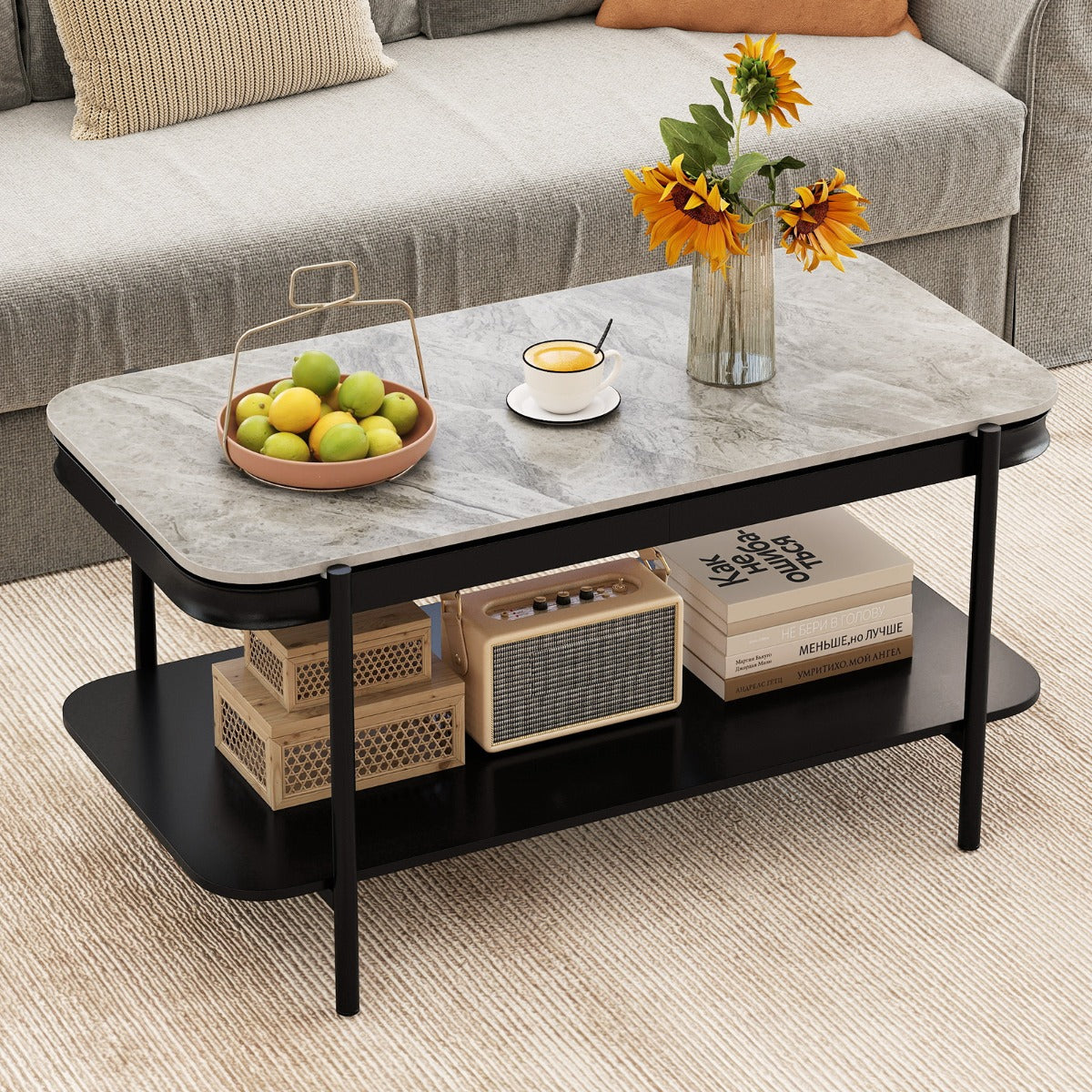 Mesa de Café Moderna Rectangular 2 Níveis Topo Sinterizado Estrutura Metálica Cinzenta — foto 1