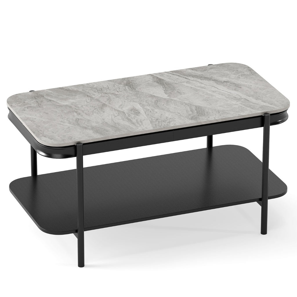 Mesa de Café Moderna Rectangular 2 Níveis Topo Sinterizado Estrutura Metálica Cinzenta — foto 2