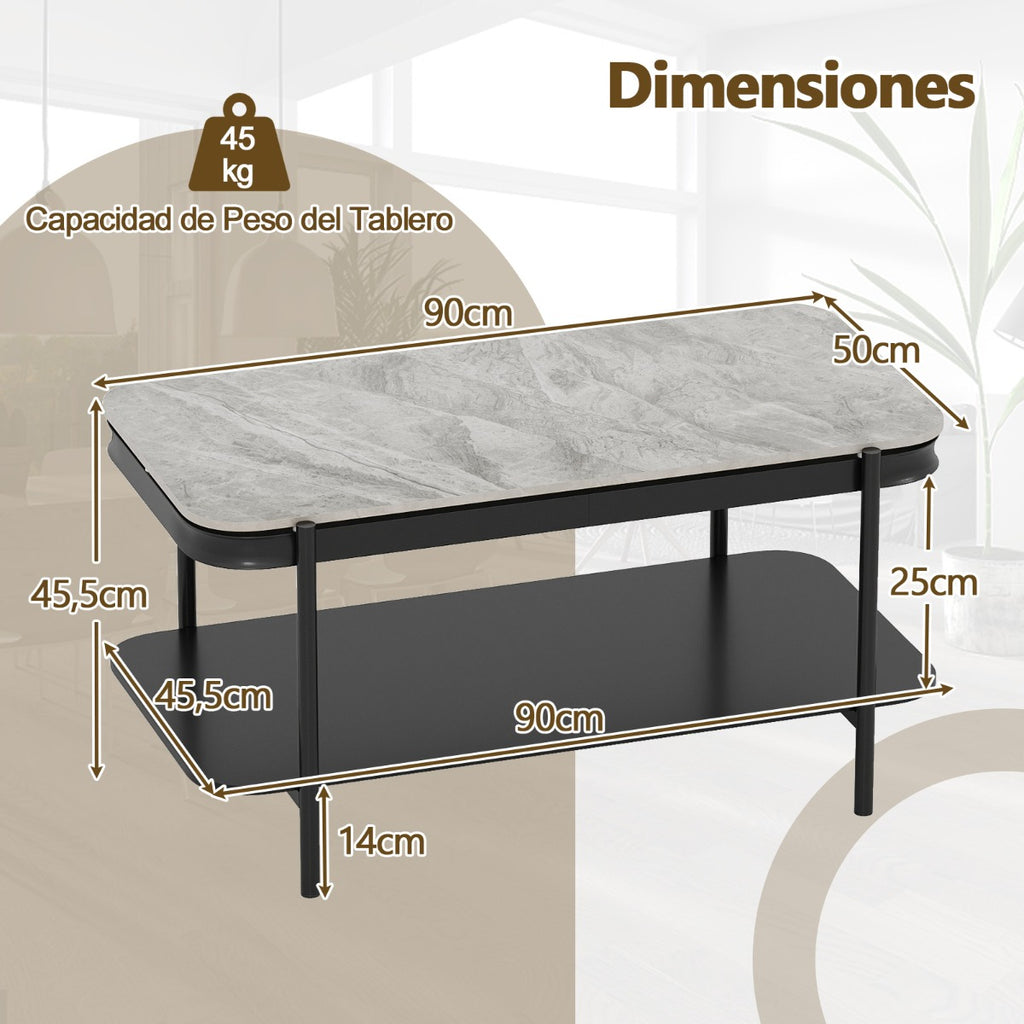 Mesa de Café Moderna Rectangular 2 Níveis Topo Sinterizado Estrutura Metálica Cinzenta — foto 3