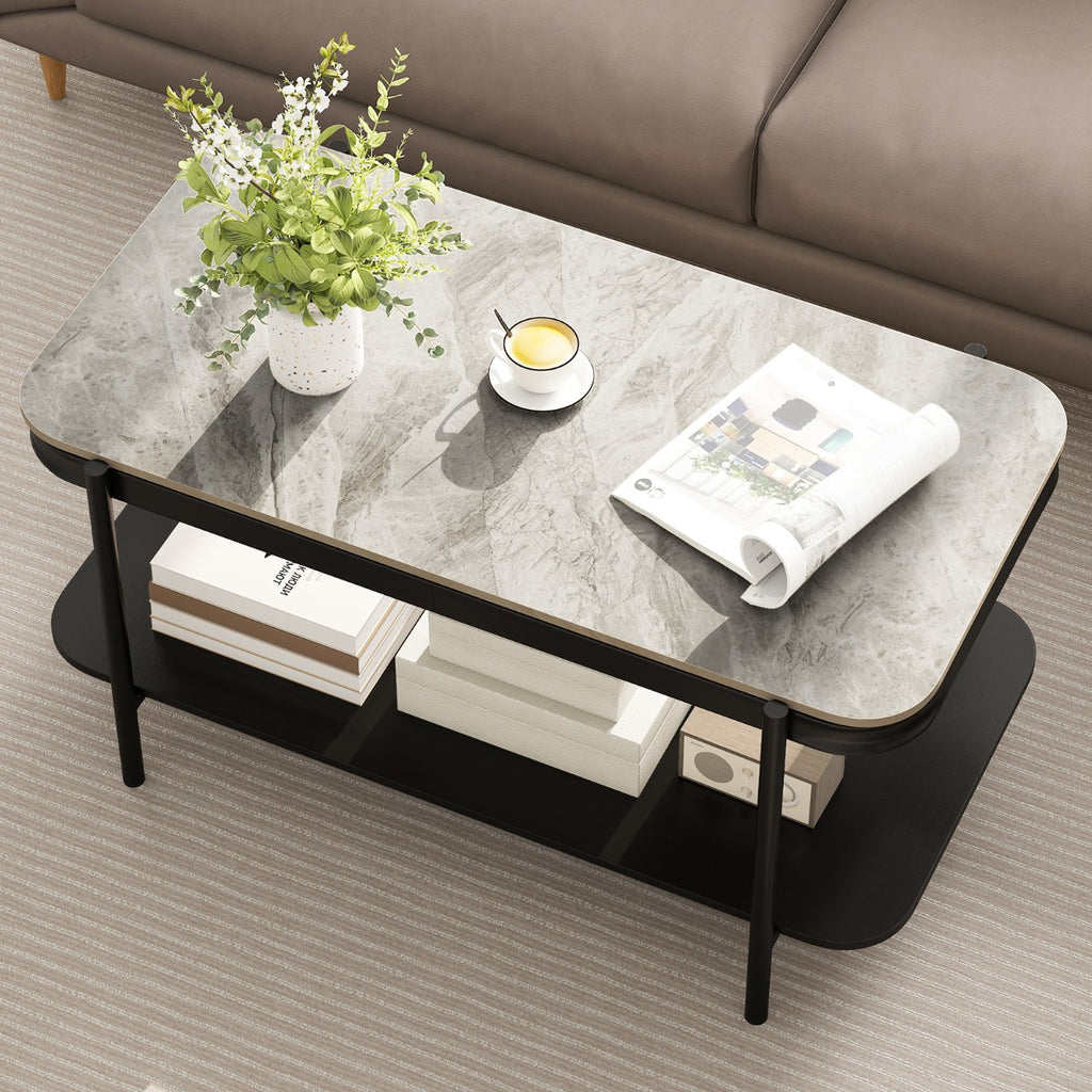 Mesa de Café Moderna Rectangular 2 Níveis Topo Sinterizado Estrutura Metálica Cinzenta — foto 4