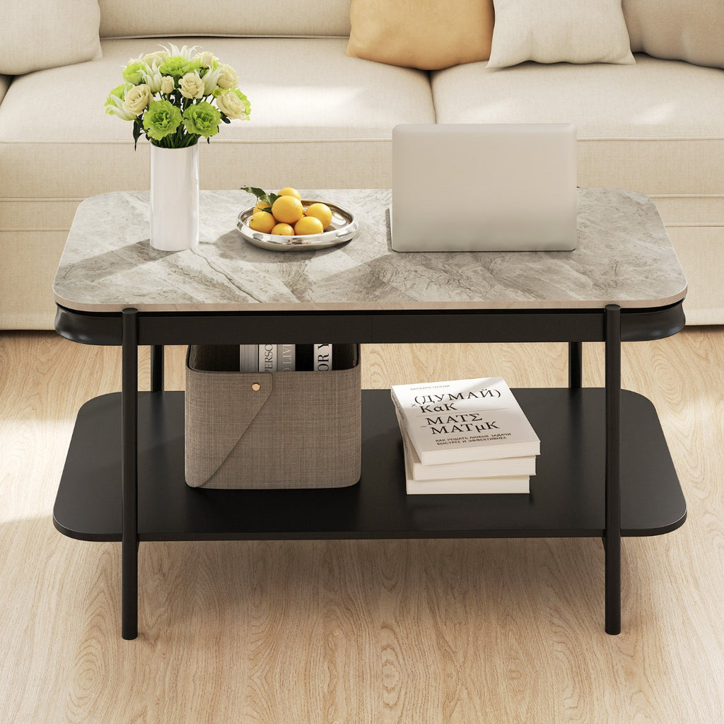 Mesa de Café Moderna Rectangular 2 Níveis Topo Sinterizado Estrutura Metálica Cinzenta — foto 5