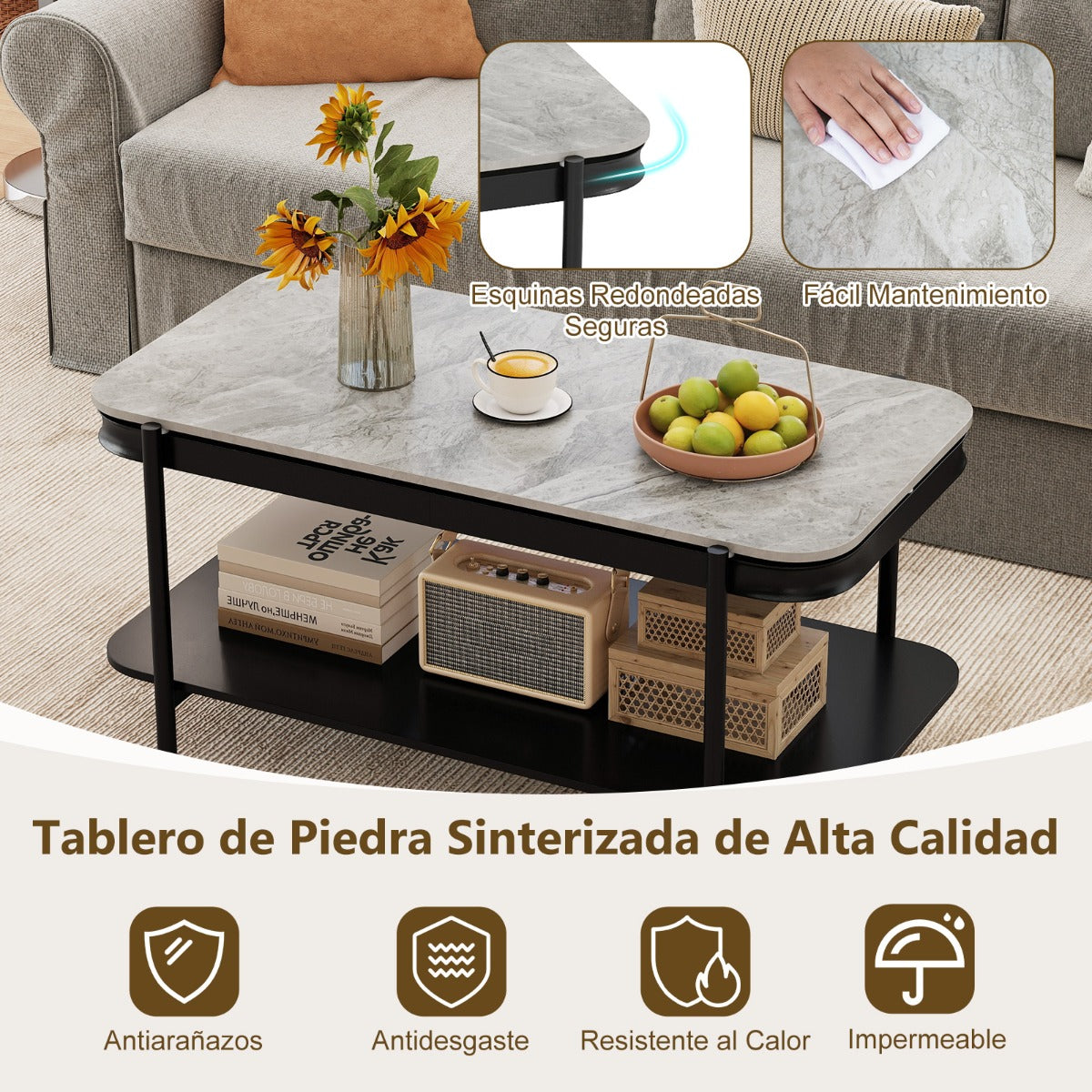 Mesa de Café Moderna Rectangular 2 Níveis Topo Sinterizado Estrutura Metálica Cinzenta — foto 6