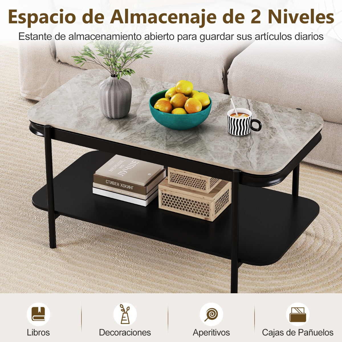 Mesa de Café Moderna Rectangular 2 Níveis Topo Sinterizado Estrutura Metálica Cinzenta — foto 7